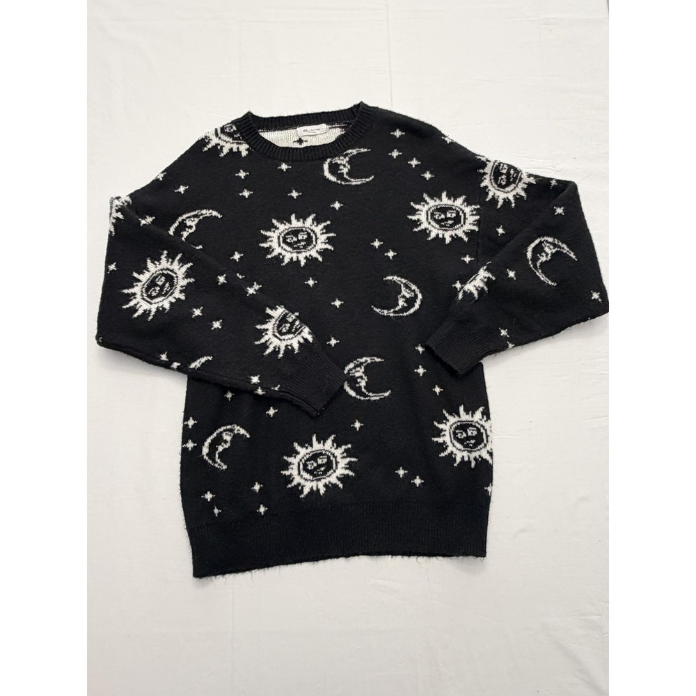 Stitch & Pine Sweater Womens XS Black Moon Sun Star Graphic Knit Pullover